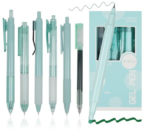 Dacono Packung mit 7 Gelschreibern Textmarker Schreibset, Ästhetische Einziehbare Gelschreiber mit Schwarzer Tinte und 1 Textmarker, Minzgrün Style - Kugelschreiber 0,5 mm für Studenten,Tagebuch