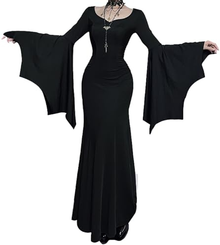 DINGJIUYAN Gothic Maxi Dresses for Women Bat Sleeve Fishtail Slim Fit Goth Dress Halloween Long Dress