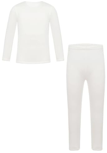 Rswnyirn Ensemble de sous-vêtement Thermique pour Fille Thermiques Set de Danse Manches Longues Enfant Top Col Rond + Leggings Fitness Blanc 13-14 Ans