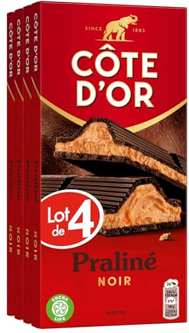CÔTE D'OR - 4 Tablettes Côte d'Or Chocolat Noir et Praliné Noisettes 200g - Chocolat Noir et Fourrage Noisettes - Lot de Tablettes de Chocolat - Lot de 4x200g