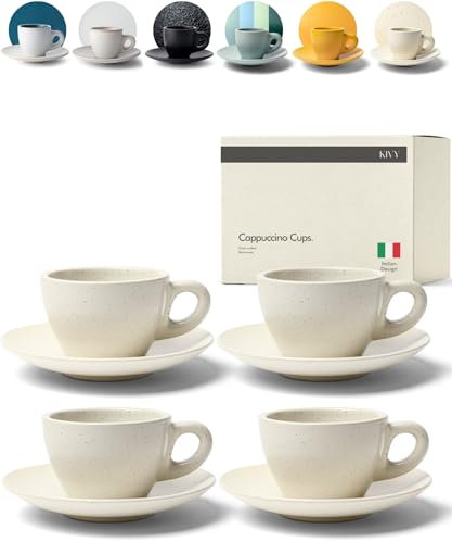 KIVY Set di tazze per cappuccino [4 x 240 ml] – Barista cappuccino – Tazze per cappuccino in gres a pareti spesse – Tazza con piattino – Tazze per cappuccino fatto a mano – Lavabile in lavastoviglie