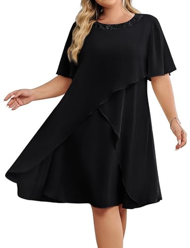 Hanna Nikole Vestidos para invitadas de boda para mujer, de gran talla, de gasa, con lentejuelas, cuello redondo, elegante, vestido de cóctel, festivo, vestido midi para la madre de la novia, Negro