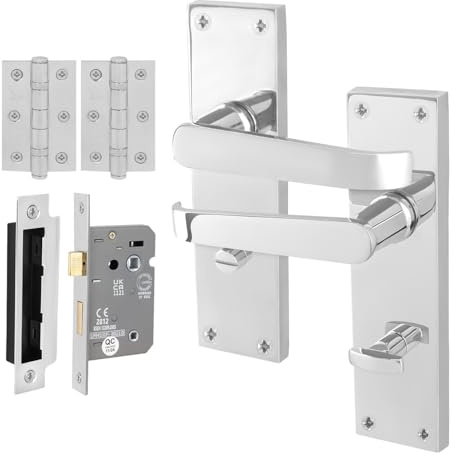EAI Chrome Victorian Door Handles, 1 Pair Internal Straight Bathroom Handles on Backplate Polished Chrome, Hinges, Lock 80mm