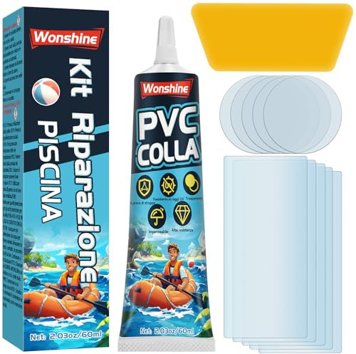 Wonshine Kit Riparazione Piscina, Kit Riparazione Materassi Gonfiabili per Gommoni, Liner per Piscine, Spa Gonfiabili, Materassi ad Aria, Tende, Tela, Impermeabile e Trasparente, 60 ml