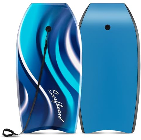 GOPLUS 33/37/41 Bodyboard Léger,Planche à Vagues Bodyboard,Bodyboard Léger et Résistant,Planche pour Surfe Vagues,Laisse de Poignet,Convient 10 Ans+ Selon la Taille (104x52x5,5CM,Bleu Vague)