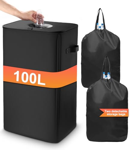 Cexovo 100L Consignées Collecteur de Bouteilles, Collecteur de Bouteille avec Couvercle Rangement Bouteille Poubelle Recyclage avec 2 Réutilisables Sac Recyclage,pour Cuisine et Salle de Stockage,Noir