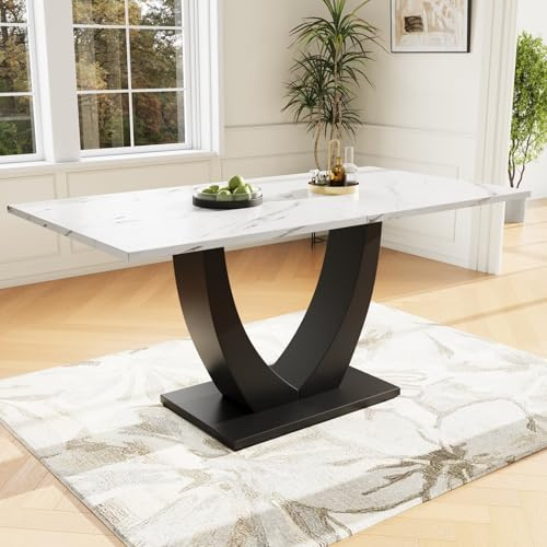 PUGSDRLY Table de Salle à Manger 140x75x75.5cm,Table de Cuisine Rectangulaire,Bureau Moderne Minimaliste,Piétement Métallique,pour Salon Cuisine et Bureau,Blanc/Noir