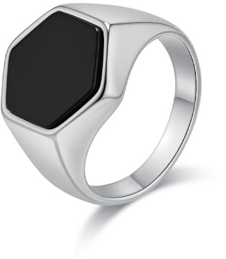 PAMTIER Herren Rostfreier Stahl Minimalistischer Sechseckiger Statement Mit schwarzem Stein Ring Silber Größe 54(17.2)