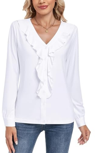 WOWENY Damen Bluse V-Ausschnitt Elegant Rüschen Langarm Blusen Festliche Oberteile Sexy Slim fit Langarmshirt Lässig Hemdbluse Damen Tops Longshirt,Weiß,XXL
