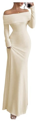 SOLY HUX Women's Long Sleeve Off The Shoulder Bodycon Dress Elegant Maxi Dress Cocktail Prom Dresses Plain Khaki X-Large