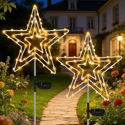 Redefun 2 Stück 75 LED Solar Weihnachtsbeleuchtung Außen Stern | Gartenstecker Weihnachten Beleuchtet, 8 Modi Gartenstecker Stern Wasserdichte Weihnachtsstern for Garten Deko