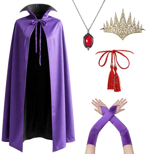 Boyigog Costume de cosplay de reine méchante - Manteau d'Halloween - 6 pièces avec couronne, collier, gants, ceinture, pour femme et adulte - Halloween - Carnaval - Cosplay - Mauve - Cape violette