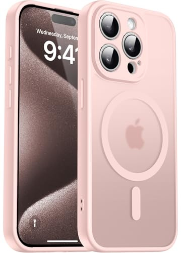 Natiiozie Magnetisch Kompatibel mit iPhone 15 Pro Hülle Kompatibel mit MagSafe, Kameraschutz FallSchutz Handyhülle, Stoßfest Kratzfest Schutzhülle Transluzente Matt Rückseite 6.1 Zoll Case Rosa