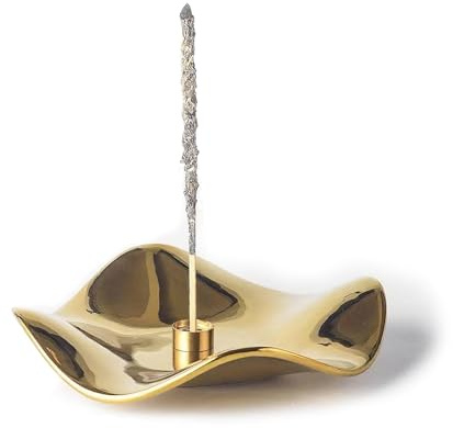 6.7 Ceramic Incense Burner for Incense/Coil,Wavy Base with Brass -Incense Holder for Sticks,with Ash Catching Bowl for Meditation Yoga and Home Decoration (Gold)