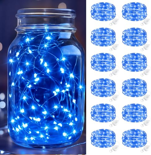 btfarm 12 Stück Lichterkette Batterie, 2M 20 LED Mini Lichterkette Innen | IP65 Wasserdicht, Flexibler Silberdraht, Klein Lichterkette Batteriebetrieben für Hochzeit Party Weihnachten Deko, Blau