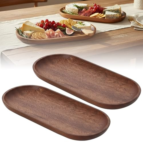 Rtrasang Wood Serving Trays,Oval Wooden Tray,Oval Wooden Plates,for Dessert Snack Bread Fruit Appetizer Dishes,Perfect for Food Holder/BBQ,2 pcs