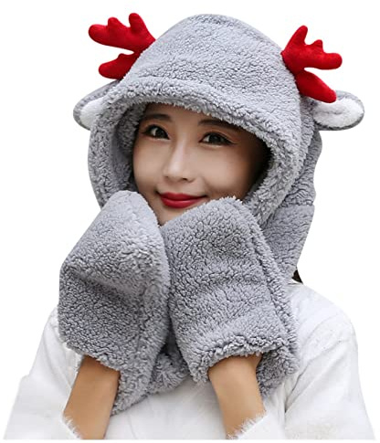 Generisch Gehrock Damen Karikatur-Kitz-Dicker Hut-Ohrschutz-Warmer -Hut-Schal-Handschuh-Satz Cap Damen Winter (Grey, One Size)
