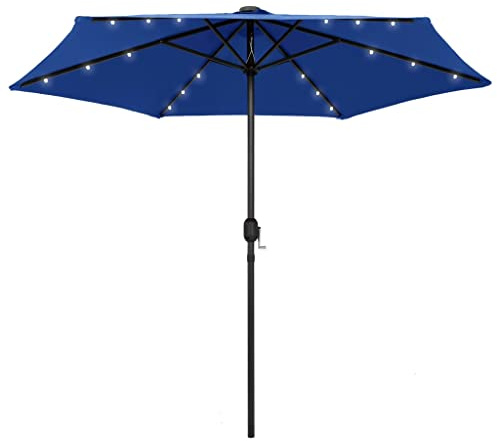 Sombrillas de protección solar para balcón, sombrilla con iluminación LED y mástil de aluminio, 270 cm, color azul, protección contra la lluvia para balcón, jardín, terraza