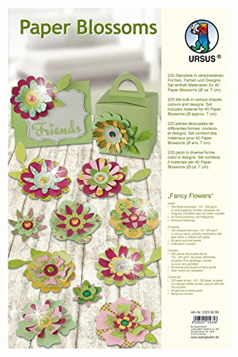 Ursus 23230099 - Paper Blossoms Fancy Flowers, Material für 40 Papierblüten, Durchmesser ca. 7 cm, beidseitig bedruckt, Perleffekt oder mit Glitter veredelt, inklusive Schmucksteine und Halbperlen