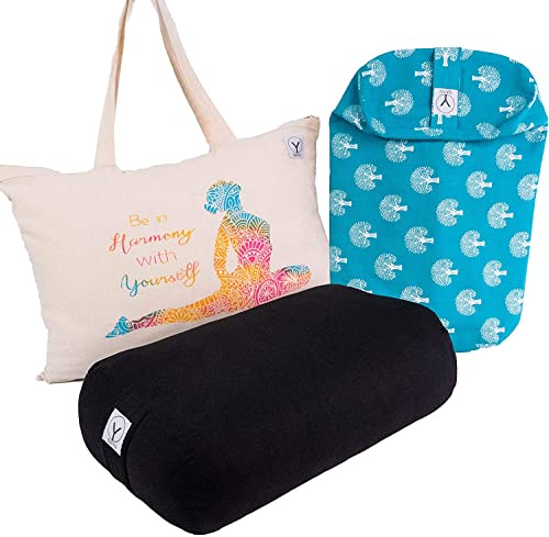 Y O Gayo Bolster for Restorative Yoga- Made with 100% Cotton, Yoga Pillow Set Includes Extra Washable Cover and Carry Bag, 18 x 11 x 6.5 inches