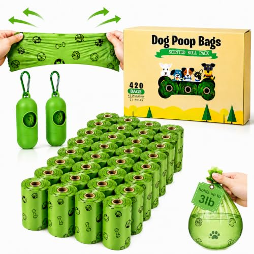 Dog Poop Bags Rolls 420 Counts: TVOOD Extra Thick Poop Bags for Dogs Leak-proof Scented Pet Waste Bags for Doggie Poo - with 2 Dispenser, Green