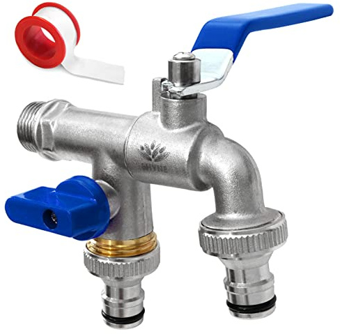 SHYNE Premium 1/2 Zoll Doppel-Wasserhahn aus Messing rost-, und frostsicher + 2X Gratis Schlauchanschlüsse + PTFE Band + Ebook | für Garten, Waschmaschine, Regentonne (2er Pack)