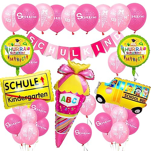 Bluelves Decorazione Scolastica per Ragazze, Palloncini ad Aria ABC 123 + Ghirlanda per Bambini in età scolare, Striscione con Decorazione a Stella Rosa da 4 Metri