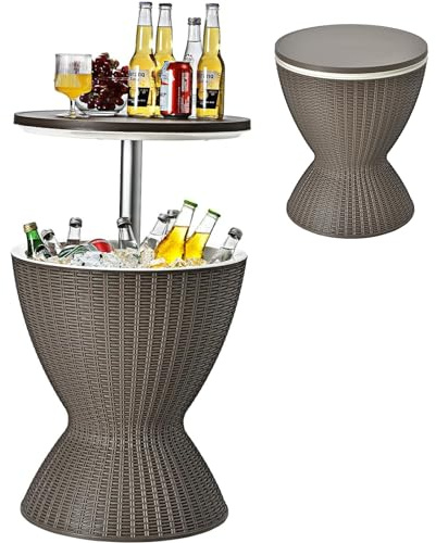 COSTWAY Table Glacière 30L pour Jardin 2 en 1 avec Plateau Relevable, Seau à Glace Imitation Rotin pour Cocktails Bière, Bar Exterieur Convient aux Piscines Terrasses, Ø 43 x 57,5/82 cm (Brun)