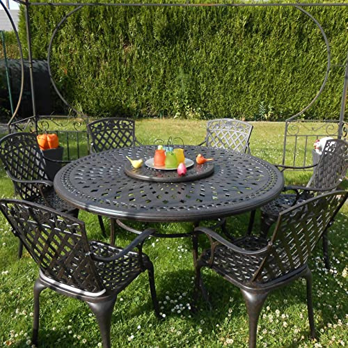 Lazy Susan 150 cm Runder Frances Gartentisch in Antik Bronze mit 6 Rose Stühlen mit terrakotta Sitzkissen | Nachhaltiges Sandguss-Aluminium | Wetterfest | Rostfrei | Wartungsarm | 3 Jahre Garantie