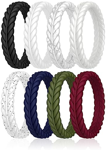 ThunderFit Silicone Wedding Rings for Women, Braided Pattern Engagement Bands 4.6mm Wide 2.2mm Thick - 1/8/9 Variety Multipack, 8.5 - 9 (18.90mm), Silicone, No Gemstone