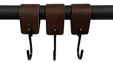 Kleiderhaken mit Lederschlaufe - Braun - 6 Stück - S Haken – 12,5 cm x 3 cm - Garderobe - Jacken - Hosen - Kleiderstange - Leder – Lederband - Garderobenhaken – Fleischerhaken - Multifunktionshaken
