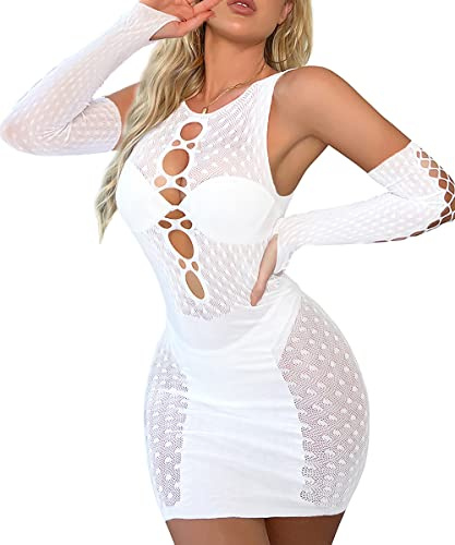 Buitifo Damen Sexy Dessous Kurzes Kleid aus Fischnetz Babydoll Bodysuit Netzs Flexibel Mini Kleid Nachtwäsche(XZQ,Weiß M)