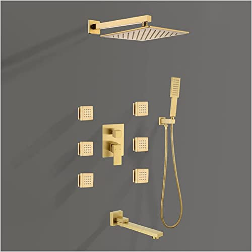 YRUIIA 10 Zoll Duschsystem mit Duschkopf, Duschset Messing Duschsäule Wandmontage Regendusche Set Unterputz Duschset Duscharmatur mit Handbrause, Körperstrahlen, Badewanneneinlauf,Brushed Gold