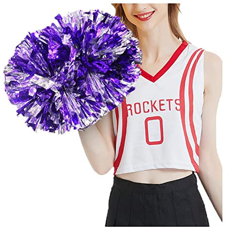 SHTGOI Cheerleading Pompons 2 Stück Metallic-Folie Cheerleading Pom Poms mit Handle Cheerleader Handblumen Cheers Blumenball für Sportveranstaltungen Ballspiele Tanzbedarf Lila+Silber