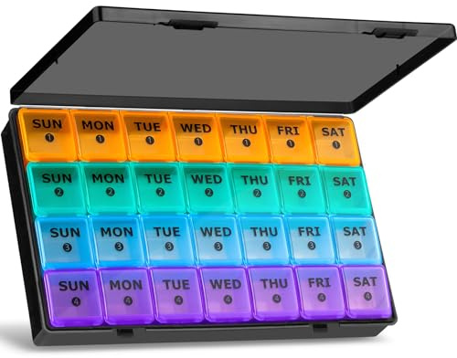 Tablettenbox Monat 28 Tage Pillendose, Medikamentenbox mit 7 Fächer für 4 Wochen für Wöchentlicher Vitamin-Organizer, Nahrungsergänzungsmittel, Fischöl (Farbenfroh)