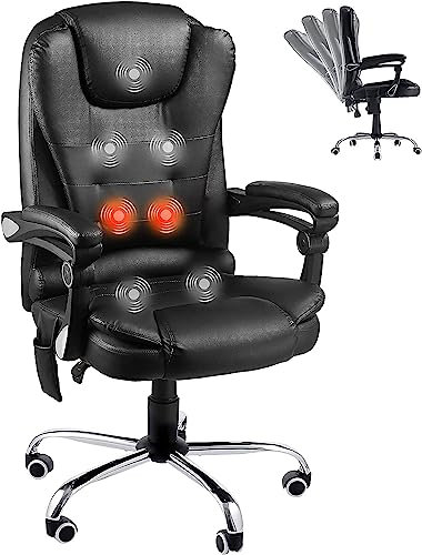 YODOLLA Bürostuhl 200kg Belastbarkeit, Massage Ergonomischer Chefsessel Schreibtischstuhl mit Wärmefunktion, Liegefunktion, Höhenverstellbar Office Chair aus Leder, Schwarz