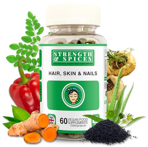 Strength & Spices Hair, Skin & Nails 100% Natural Supplement – 20 Ingredients w Biotin Selenium & Zinc - 60 Vegan UK Made 1000mg Capsules – Hair & Nails Growth, Collagen Formation