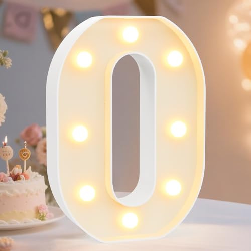 Decorative Led Light Up Number Letters, White Plastic Marquee Number Lights Sign for Birthday Party Wedding Home Bar Christmas Decor Battery Operated, Number 0