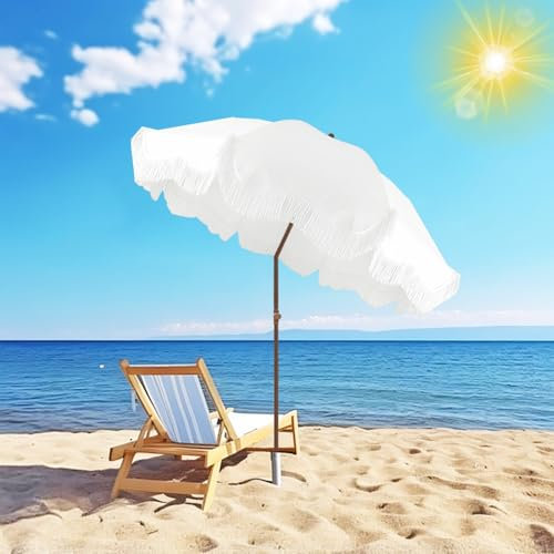 Sonnenschirm Strand 1,8 m weißer Terrassenschirm mit Fransen, Quasten für den Außenbereich, UV-Schutz, Strandschirme für Sand, neigbarer Tischschirm, robuster, winddichter Poolschirm, höhenverstellba