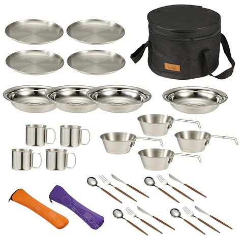 Set di stoviglie da campeggio, da cucina, per 4 persone, 31 pezzi, con cucchiaio da piatto, forchetta, coltello seghettato, ciotola in acciaio inox 304, ciotola e piatta, custodia, zaino,