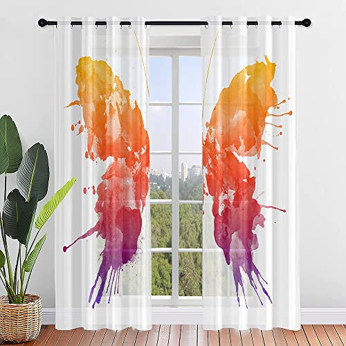 Lukery Vorhänge mit Ösen, Transparent Vorhänge Wohnzimmer 2er Set, Schmetterling Halbtransparent Gardinen Vorhänge Durchsichtig für Fenster Küche Wohnzimmer Landhaus (140x160cm,Orange)