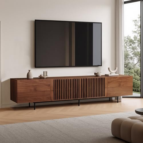 OLEYLUCKIDEA Moderner TV Schrank für 75-Zoll-TV, Fernsehtisch mit großem Stauraum, Fernsehschrank Medienkonsole für Wohnzimmer und Schlafzimmer, Walnussfarbe (180cm)