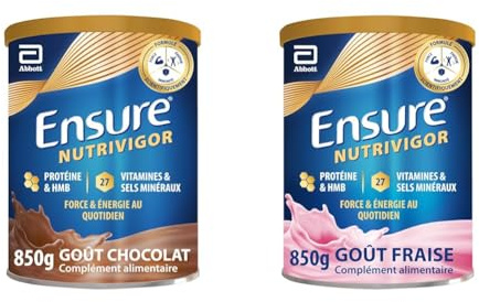 Ensure NutriVigor Chocolat & Fraise 850g - Complément alimentaire avec protéines, 27 vitamines et minéraux et HMB - Pour une alimentation saine et équilibrée - 1x Chocolat 850g + 1x Fraise 850g