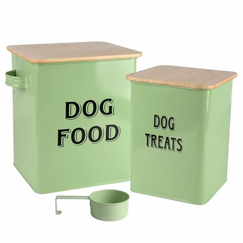 Pet Food and Treats Containers Set with Scoop for Cats or Dogs - Beige Powder-Coated Carbon Steel - Tight Fitting Wood Lids - Storage Canister Tins - Dog Food - Green