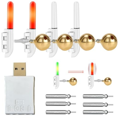 iKALULA 4Pcs Bastoni Luminosi per La Pesca, Campanello di Allarme da Pesca con Fibbia, Indicatore di Abboccato a LED, Accessori da Pesca con Caricatore e 6 Batteria, per Pesca Scambisti, Pesca
