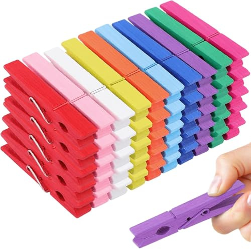 ausurme 100PCS Clothes Pins, Wooden Clips, 2.8 Inch, Colored | Colored Clothespins, Colorful Clothes Pins, Wooden Clips, 10 Colors, for Crafts, Hanging Clothes and Pictures