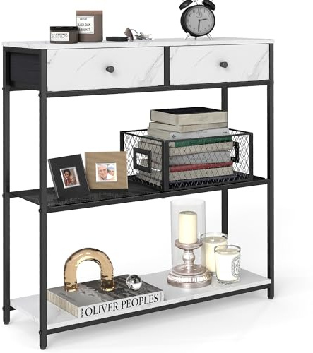 VASAGLE Konsolbord smal, sidobord med 2 tyglådor, hallbord, 24 x 76 x 80 cm, för hall, vardagsrum, marmorvit-bläcksvart LNT092W01