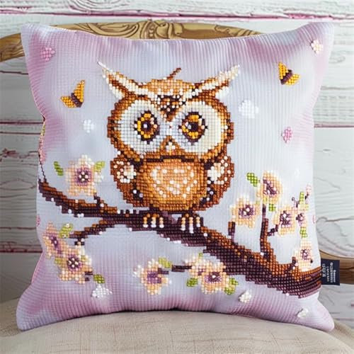 WallustrioaW Cartoon Tiere Knüpfkissen Set,Eule auf Blumenzweig,Knüpfkissen Set für Anfänger Erwachsene oder Kinder zum Selber Knüpfen,DIY Knüpfteppich Knüpfpackung,43x43cm