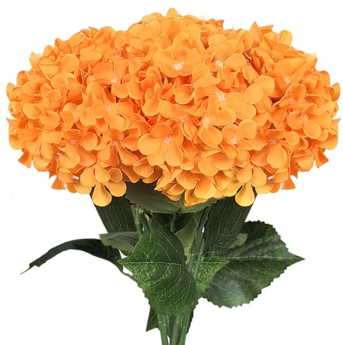 Subacy Lot de 6 fleurs d'hortensia artificielles en soie avec longues tiges, décoration d'intérieur, mariage, centres de table, décorations de fête (orange)