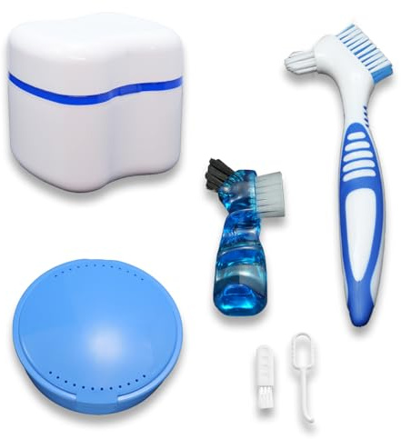 Set di custodia per protesi dentarie con 2 strumenti di rimozione per protesi, kit di pulizia per protesi con specchio, spazzola per la pulizia della protesi, spazzola per protesi da viaggio (blu)